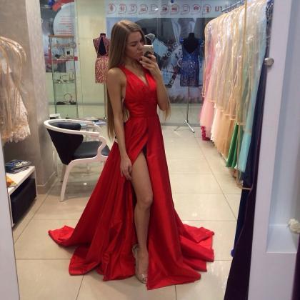 Red Halter Plunging V A-line Long Prom Dress,..