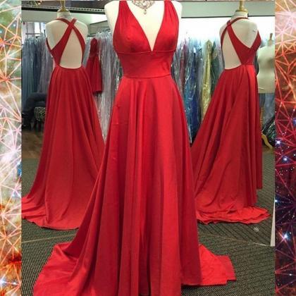 Red Halter Plunging V A-line Long Prom Dress,..