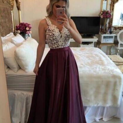 Burgundy V Neck Lace Beading Long Prom Dresses,burgundy Evening Dresses ...