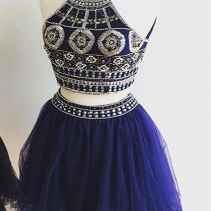 Cute Two Pieces Halter Royal Blue Tulle Beading..
