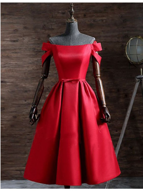 Homecoming Dress Ankle-length Bowknot A-line Short Sleeves Lace Up Satin Off-the-shoulder For Prom Discount Dresses