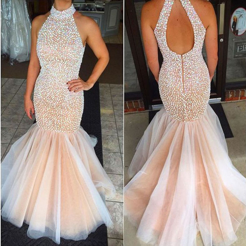Homecoming Dress Sweep/brush Train Pearl Mermaid Sleeveless Backless Tulle Halter For Prom Customized Dresses