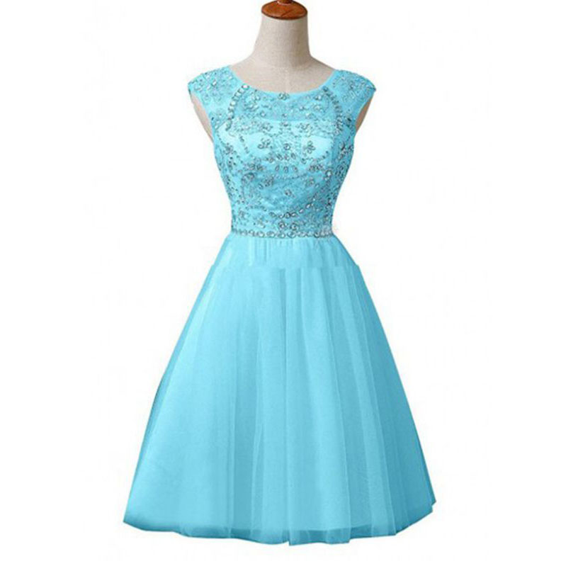 Homecoming Dress Knee-length Beading A-line Sleeveless Zipper Tulle Jewel For Homecoming Discount Dresses