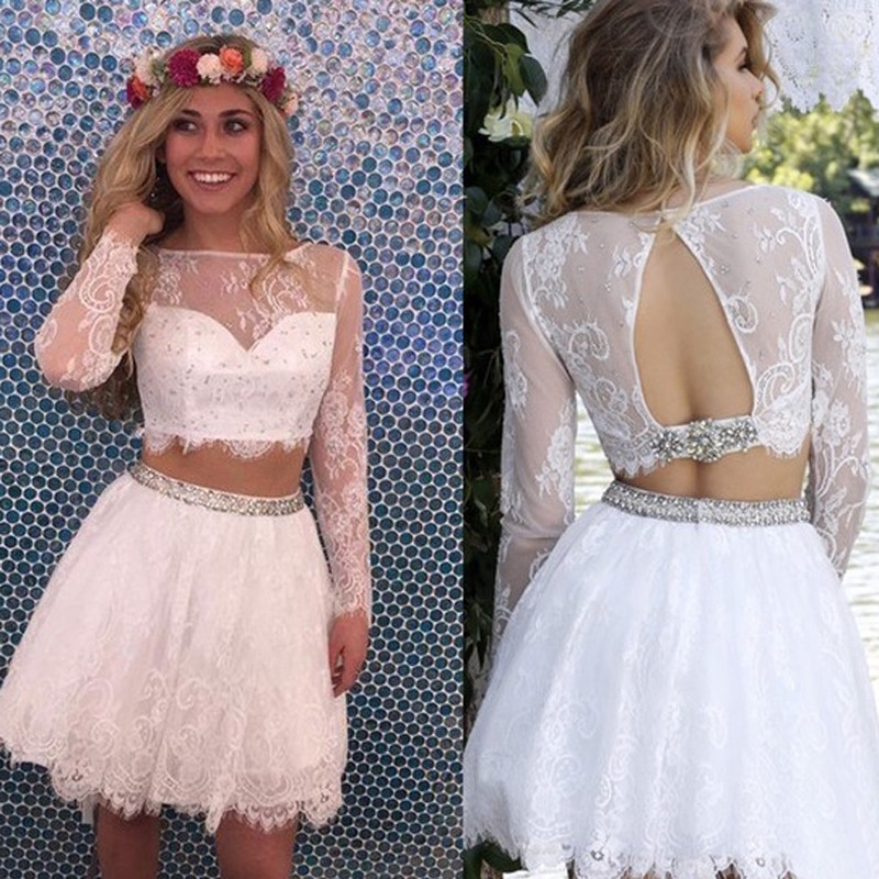 Two-Piece Tutu Skirt White Tulle Lace Long Sleeves Homecoming