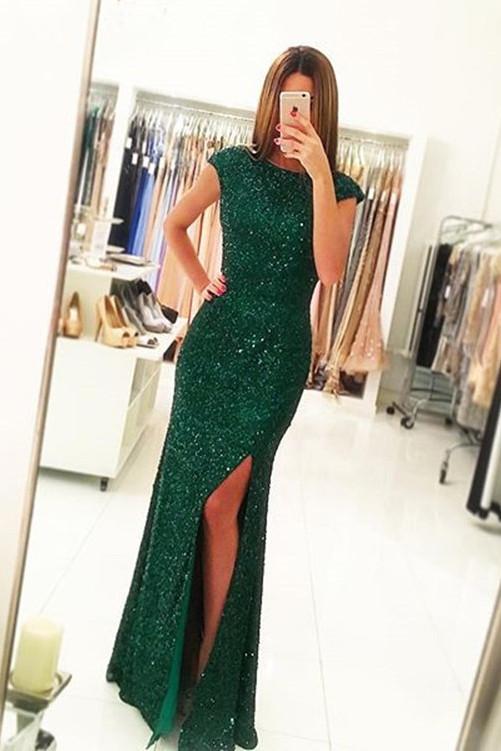 Round Cap-sleeved Sequin Mermaid Long Prom Dress, Evening Dress With Side Slit