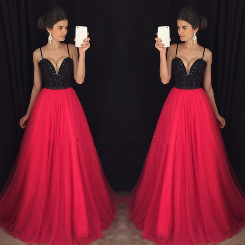 Custom Made Black And Red Beaded Long Prom Dress,grad Dresses