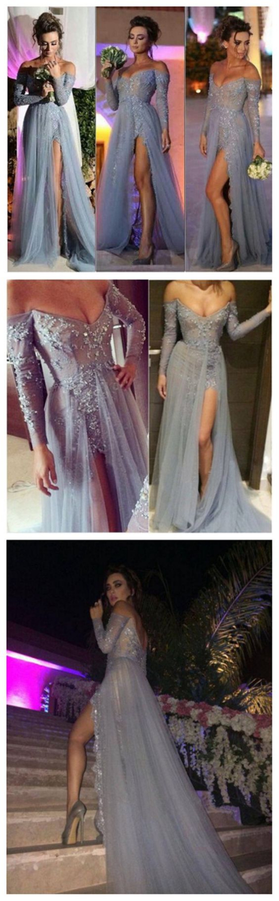 Charming Off The Shoulder Prom Dress Appliques Grey Long-sleeves Evening Dress Elegant Prom Gowns