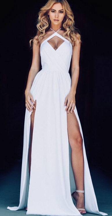 Lovely Prom Gown Sexy White Prom Dresses Long Chiffon Slit Spaghetti Straps White Party Dress