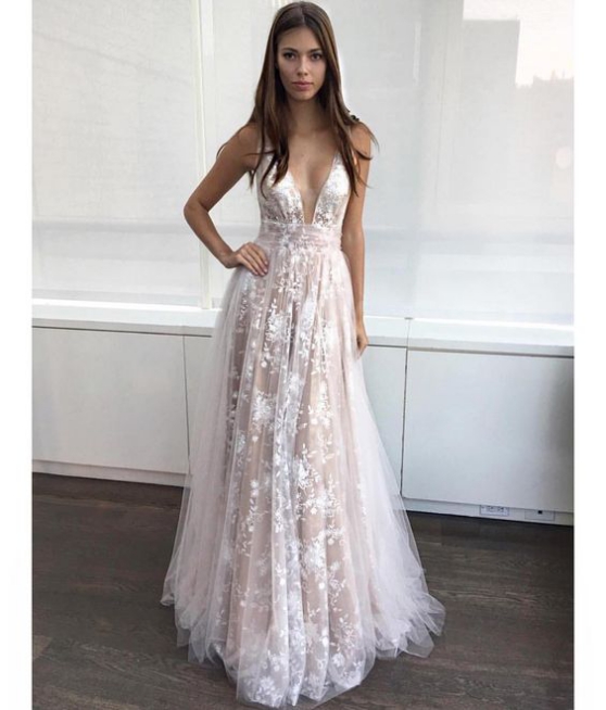 White Lace A-line V-neck Appliques Long Prom Dress Modest Tulle Prom ...