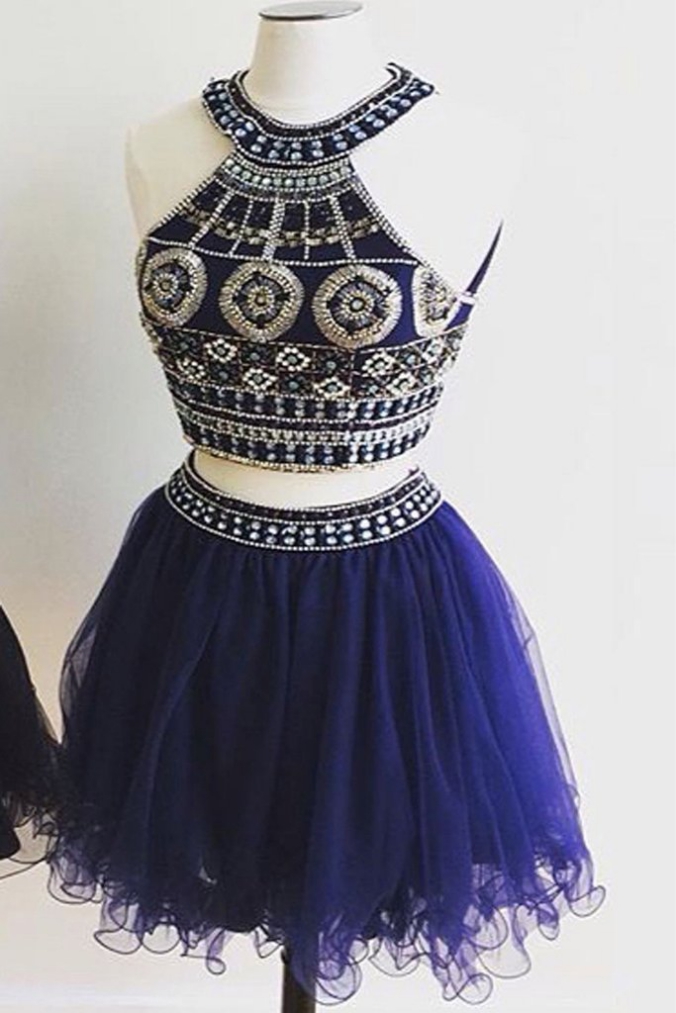 Cute Two Pieces Halter Royal Blue Tulle Beading Homecoming Dresses K46